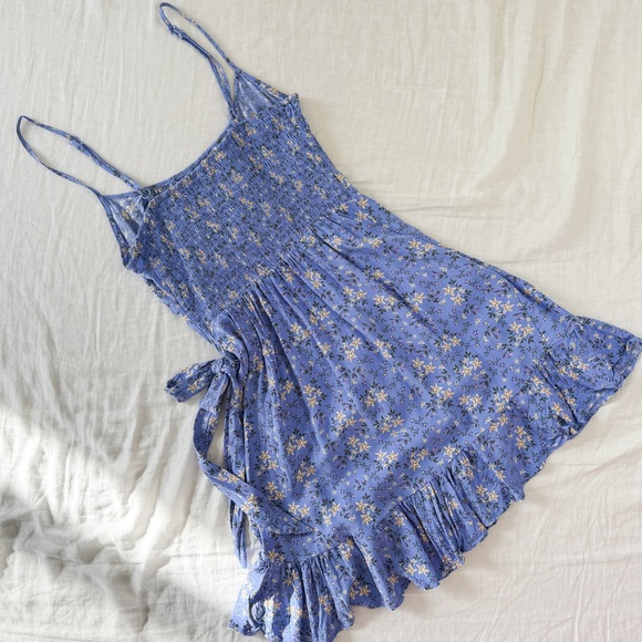 Blue Floral Mini Tie Dress with Ruffles 100% Rayon - Picture 5 of 9